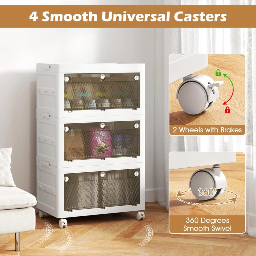Scatole portaoggetti in plastica da 126 l, contenitori impilabili a 3 livelli con ruote, coperchio, organizer pieghevole per soggiorno, camera da letto, ufficio, dormitorio