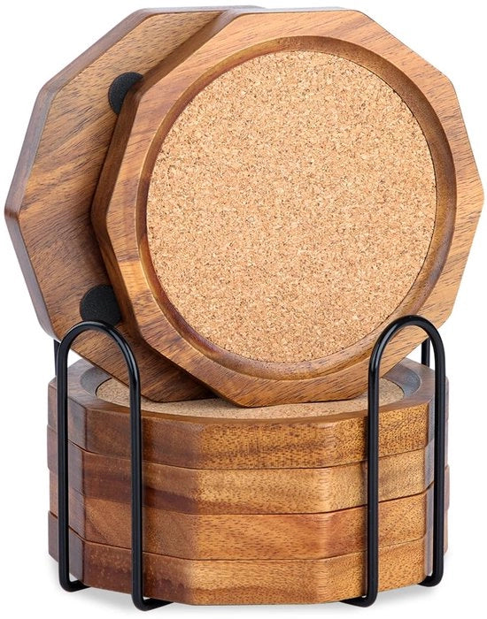 Sottopiani in legno di acacia per bicchieri, 6 sottopiani in legno di acacia con supporto, sottopiani per bicchieri, sottopiani in legno di kurk, sottopiani per bevande, sottopiani per tavolo, per bevande, bicchieri, tazze, bar