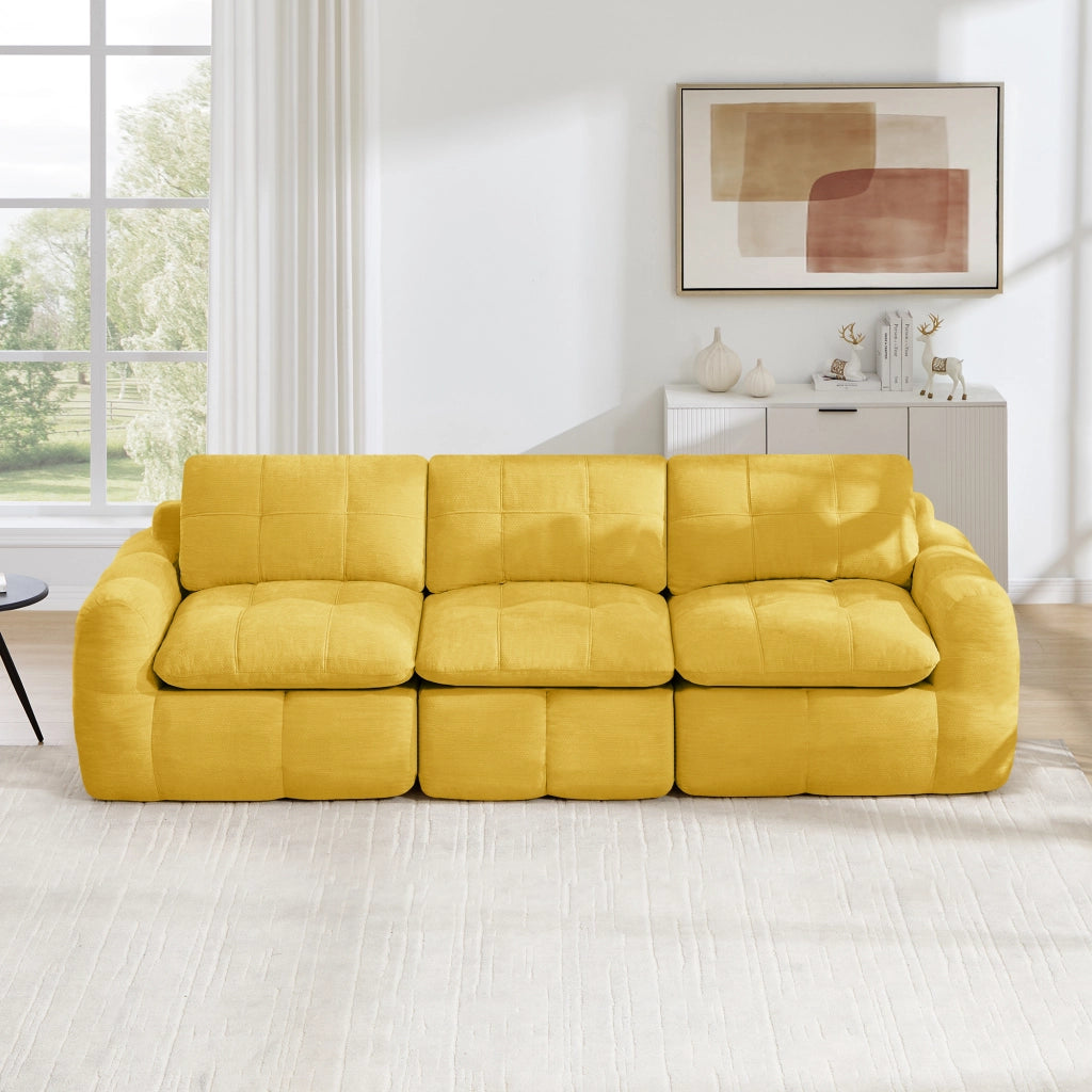 Divano modulare a 3 posti senza cornice con design trapuntato e cuscini ergonomici per soggiorno in ciniglia gialla