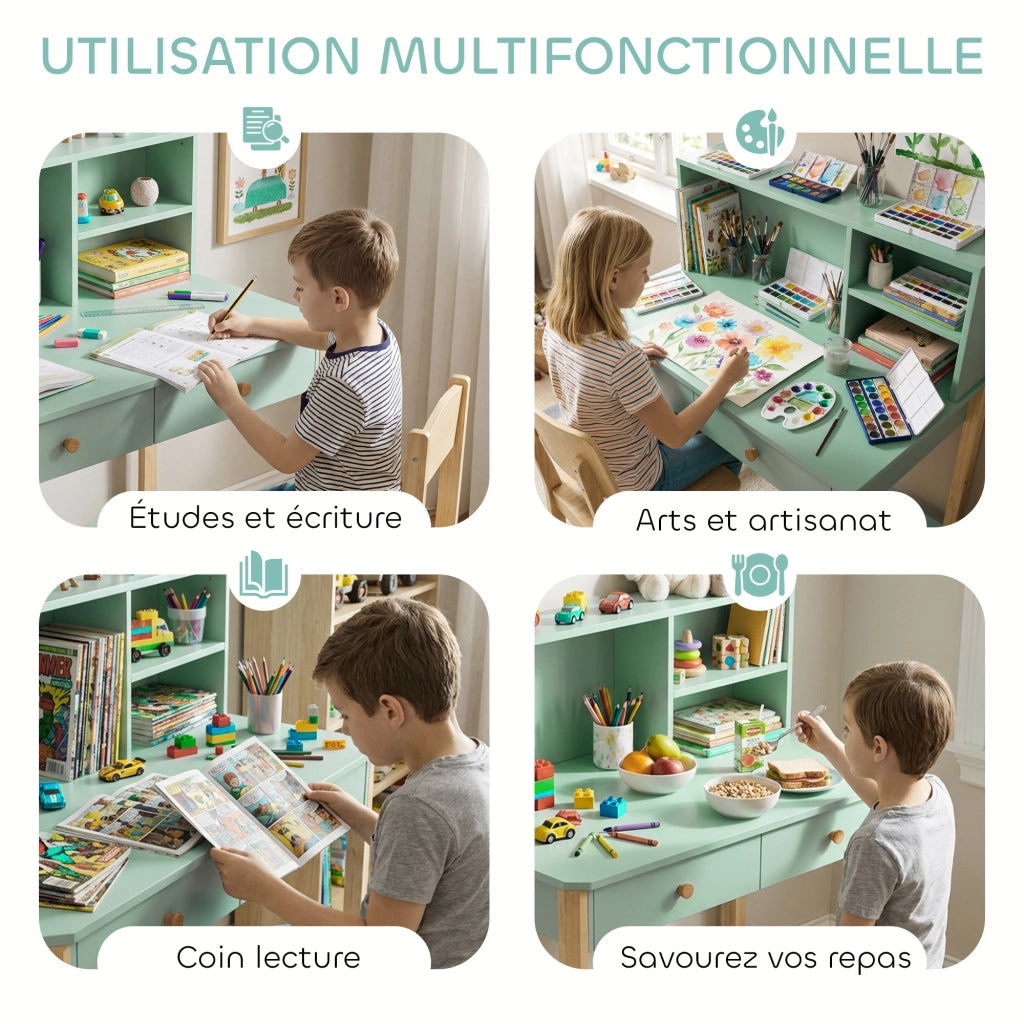 Scrivania per bambini con cassetti e ripiani ¨C zephmum ¨C legno, verde, 90x52x105cm