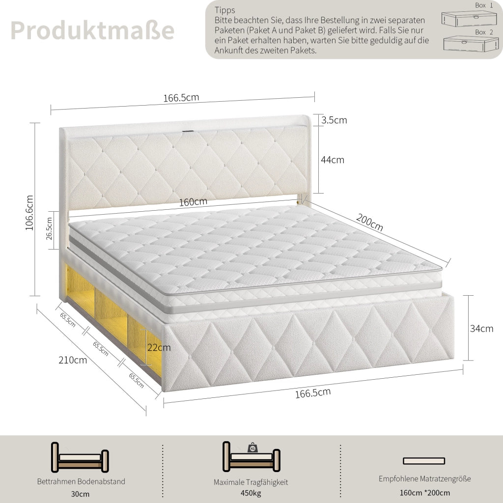 Letto imbottito in velluto bianco con USB, LED e 6 cassetti, 160x200 cm