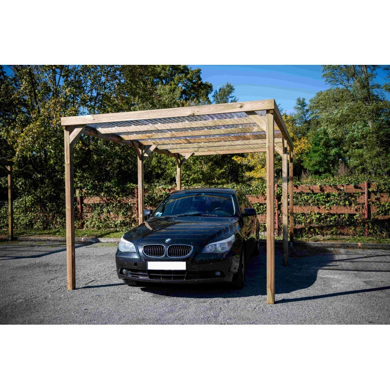 Carport in legno da giardino 302x497 cm – Tettoia auto, pergola con 6 pali – tetto PVC trasparente – autoclave – CAR3051A2(ex.CAR3051A) Foresta