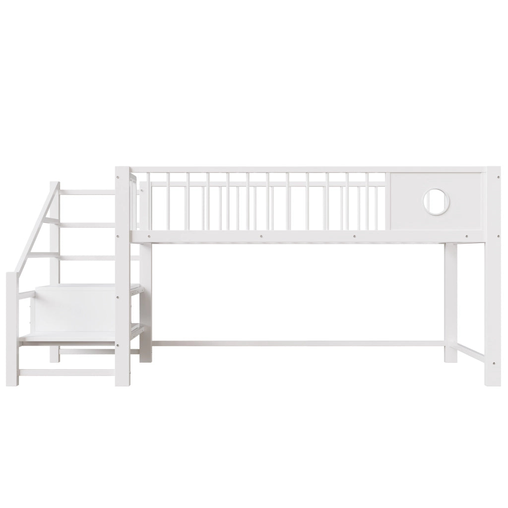 Letto a soppalco basso per bambini 90x200 cm in metallo, con scala contenitore, bianco