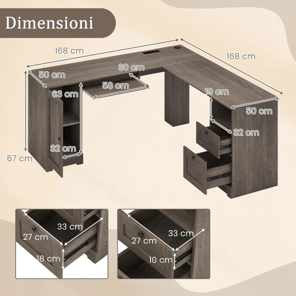 Scrivania ad Angolo a Forma di L, Scrivania per Studio in Legno con 2 Cassetti, Tavolo per computer per Ufficio Studio, 168 x 168 x 76 cm (Grigio)