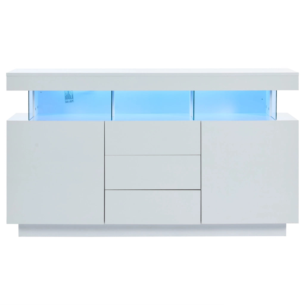 Sideboard moderno 140 x 35 x 80 cm bianco lucido con LED, 3 cassetti e 2 ante