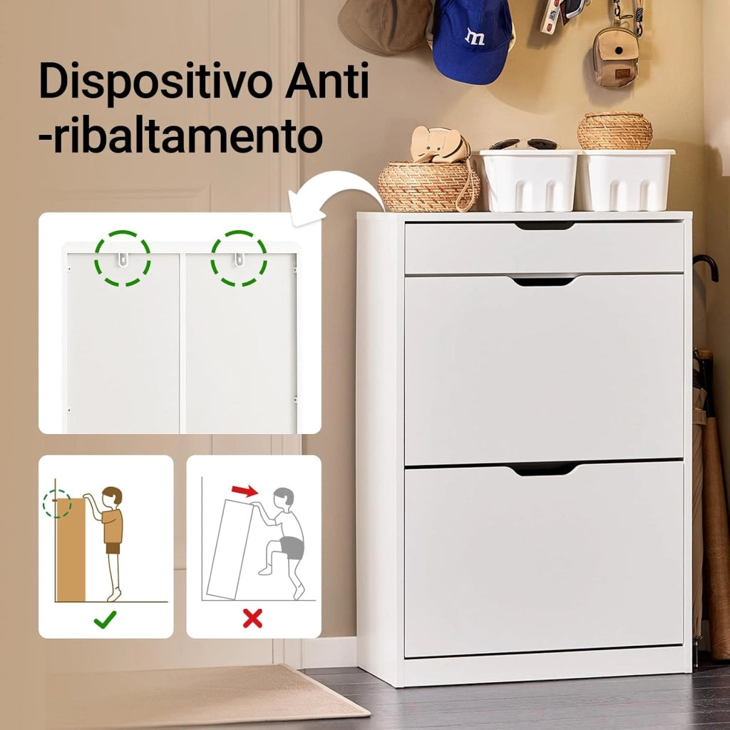 Scarpiera Salvaspazio Slim con Cassetto, Scarpiera Bianca, Moderna e Pratica, Facile da Montare, Ideale per Spazi Ridotti - Bianco, 60x30x90 cm - Modello FSR180-W