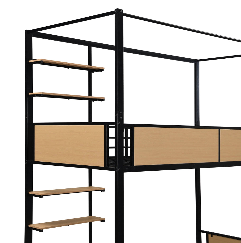 Letto a castello 90x200 cm con doppio ripiano e contenitore in metallo e MDF nero e naturale