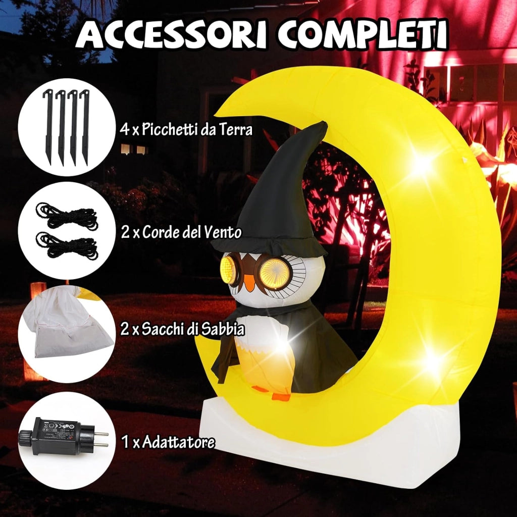 COSTWAY Decorazione Gonfiabile per Halloween 130 x 155 CM, Decorazione di Halloween Illuminata con LED e Grande Luna e Gufo Mago e Soffiatore Incorporato, per Cortile, Prato e Feste