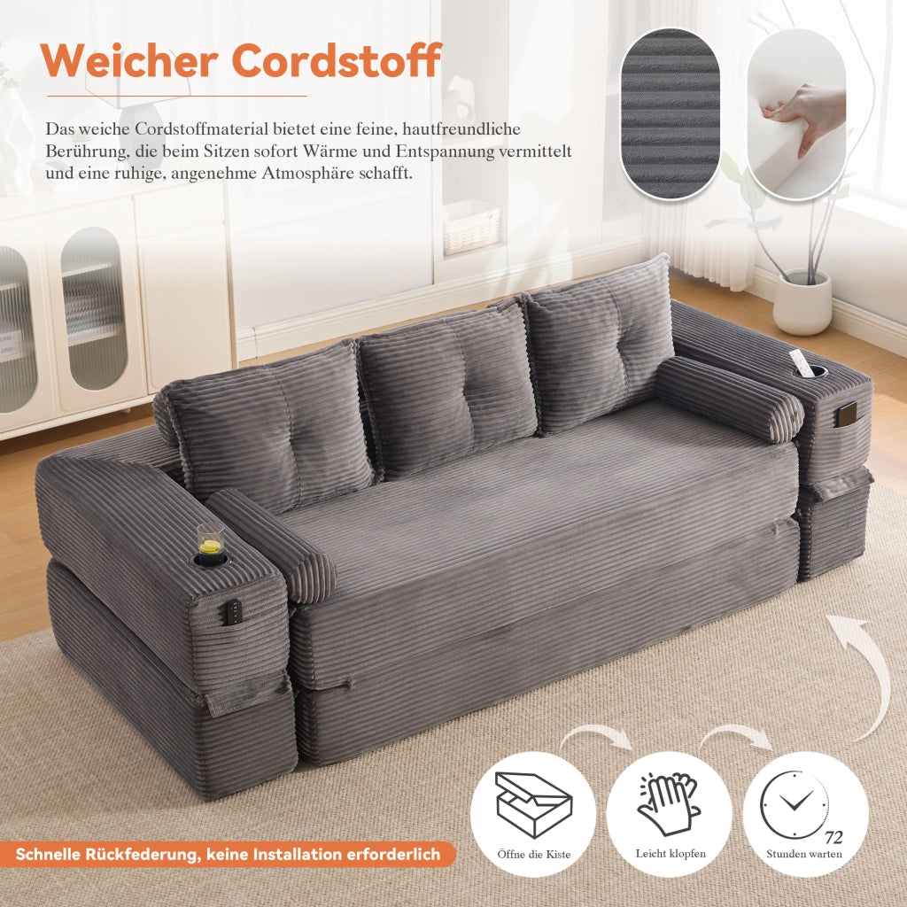 Divano letto convertibile modulare a 3 posti con tasche laterali e porta bicchieri in velluto a coste grigio scuro
