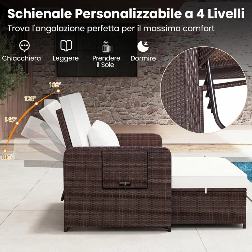 Lettino Prendisole in Rattan, Set 2 Pezzi con Divanetto & Pouf Contenitore, Schienale Regolabile a 4 Livelli e Tavolini Laterali Pieghevoli, Sdraio Doppia per Giardino e Piscina (Bianco)