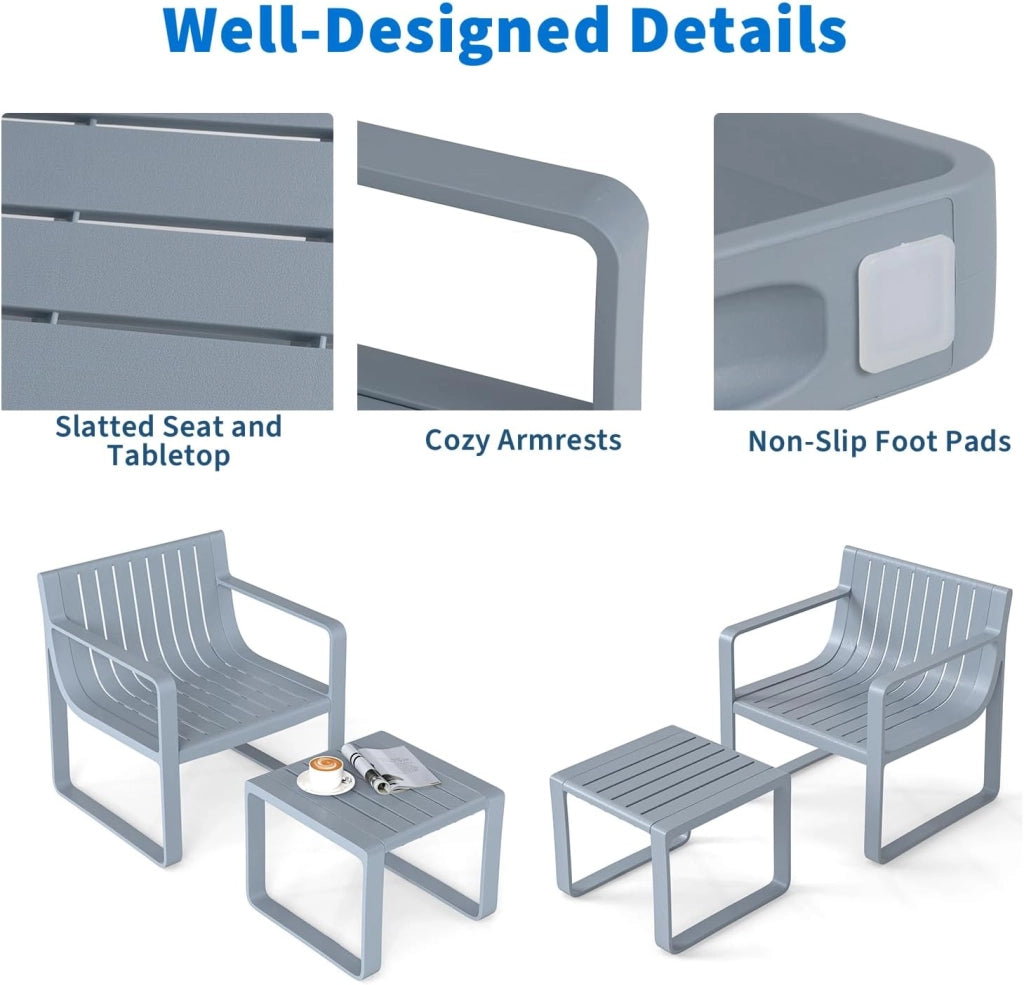 Set di sedie da giardino, 2 pezzi, resistenti alle intemperie, con sedie ergonomiche in PP e tavolino da caffè quadrato, per balcone e veranda