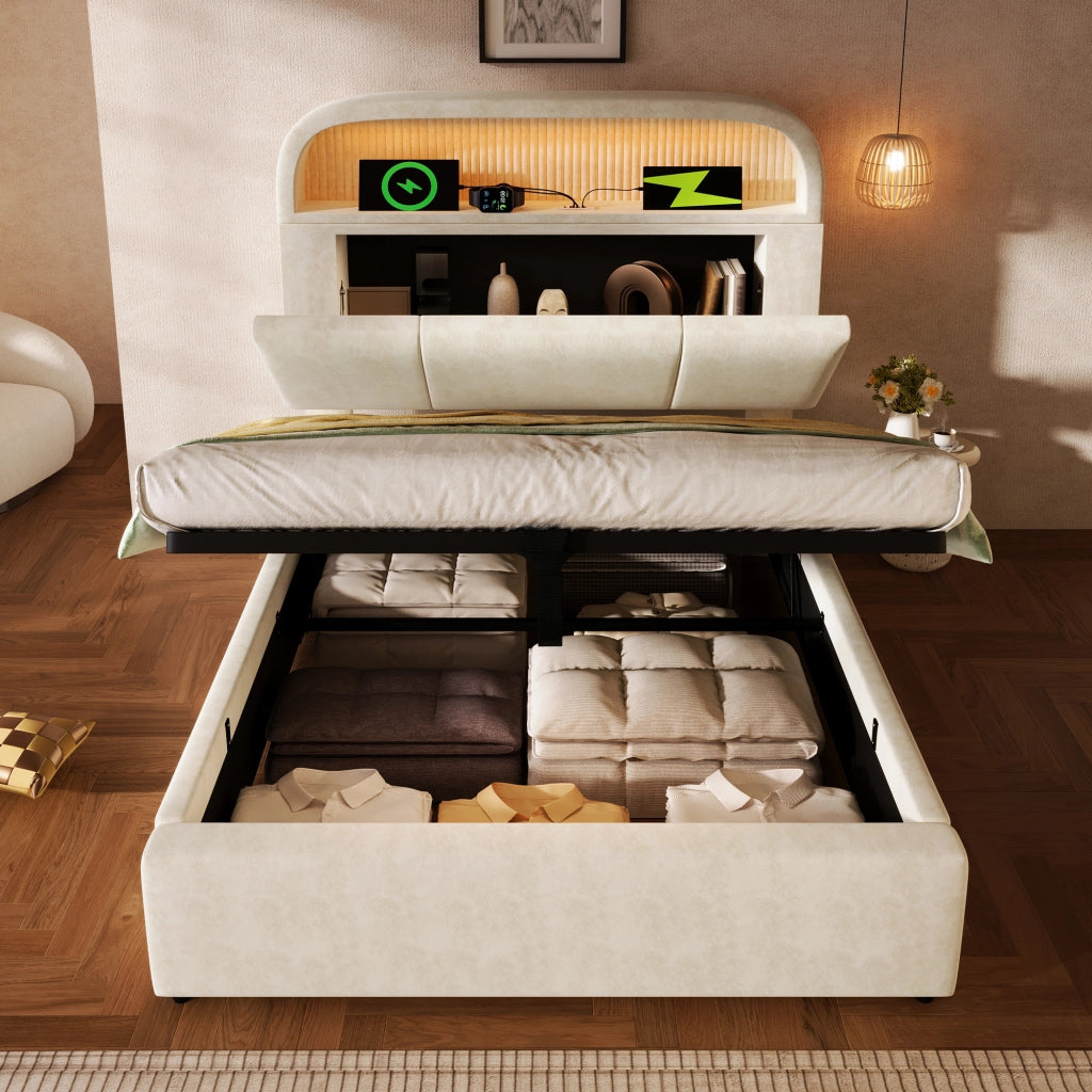Letto singolo 90x200 cm con testiera contenitore regolabile, LED e presa USB/Type-C, velluto beige, con materasso