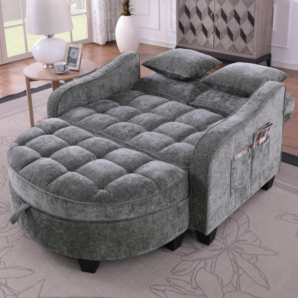 Divano letto 132x129x93 cm convertibile con pouf contenitore in eucalipto grigio scuro
