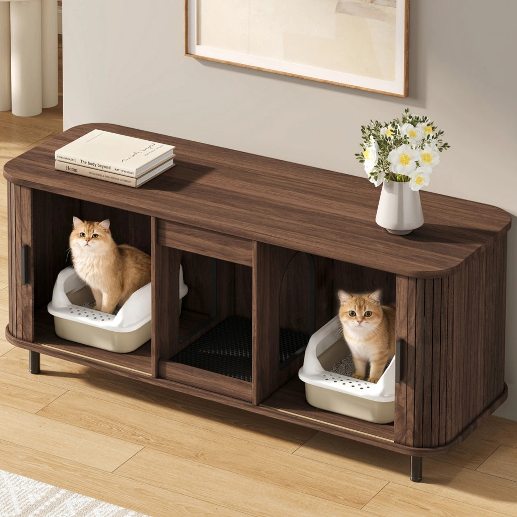 Mobile coperto per lettiera per gatti con 2 vani e porte scorrevoli, per soggiorno, in MDF, noce, 140 × 50 × 60 cm