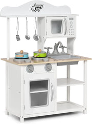 Cucina Giocattolo per Bambini, Cucina per Bambini in Legno con Forno, Microonde, Lavello e Rubinetto, con Accessori, Pentole e Utensili per Cucinare, per bambini 3+ Anni