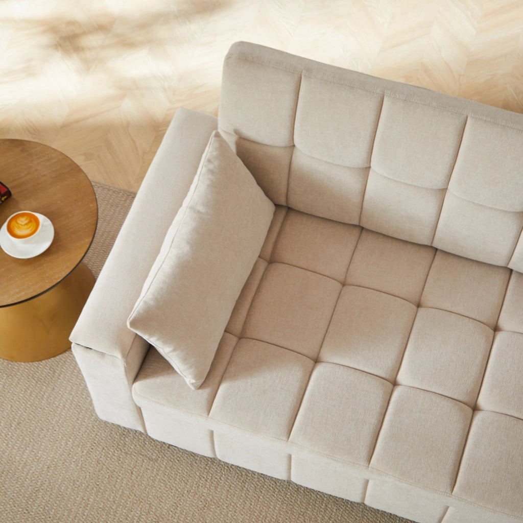 Divano letto convertibile 2 posti con vano nei braccioli e tasche laterali, struttura in metallo, ciniglia beige