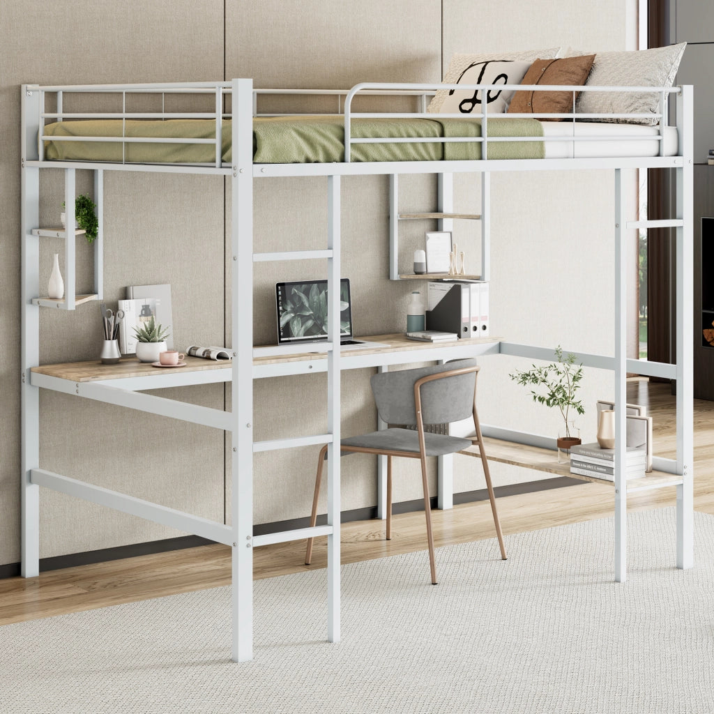 OKWISH Letto a Soppalco 140×200 cm, Letto Matrimoniale con Scrivania, 4 Mensole e Libreria, senza Materasso, in Metallo e MDF, Bianco