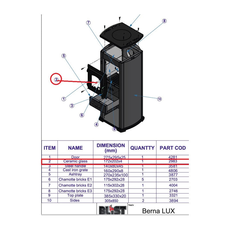R VETRO (2965)X STUFA LEGNA  5.0 KW BERNA LUX- 1,0 pz