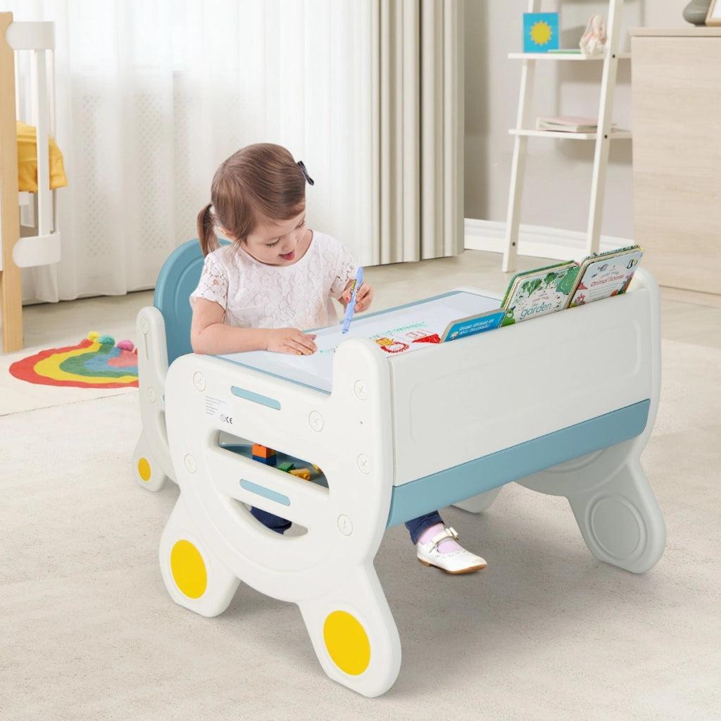 Tavolo da disegno e sedia per bambini con acquarelli e gomma per lavagna, Tavolo con ripiano da leggere Blu-Tavoli e sedie