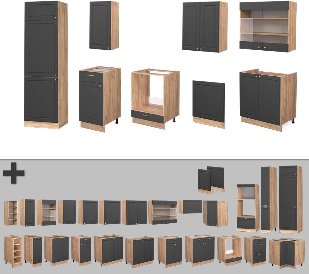 Cucina componibile Fame-Line, Antracite Country House/oro Kraft Oak, 300 cm senza piano di lavoro, adatto per l'espansione modulare individuale e la disposizione flessibile