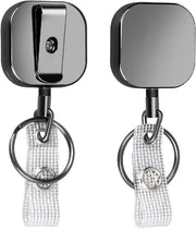 Due Badge Holder Spoletta con Clip e Anello di Chiusura – Metallo Pesante Casa con 60 cm Cavo, Tieni fino a 8 Chiavi – Piccola Quadra, Nero Lucido