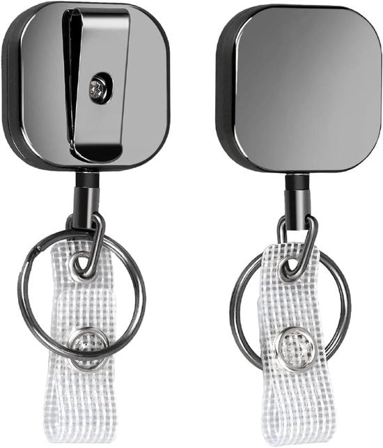 Due Badge Holder Spoletta con Clip e Anello di Chiusura – Metallo Pesante Casa con 60 cm Cavo, Tieni fino a 8 Chiavi – Piccola Quadra, Nero Lucido