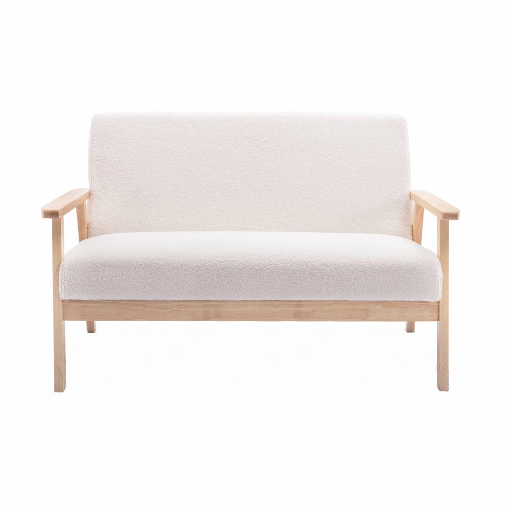 Divano in bouclé con gambe in legno, 2 posti, crema