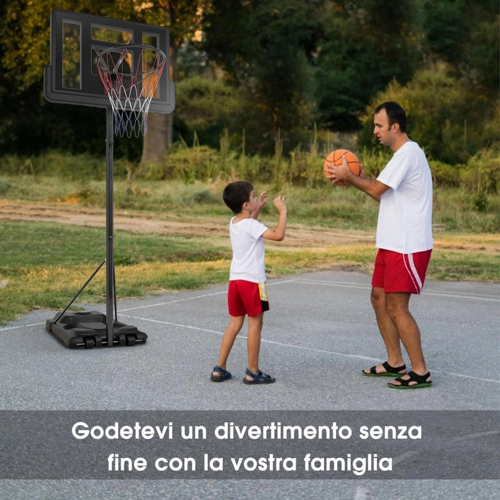 Canestro da Basket Portatile e Regolabile 180-305 cm, Canestro da Basket da Esterno ed Interno con Tabellone Resistente, Rete di Nylon e Base Riempibile, Ideale per Adolescenti e Adulti