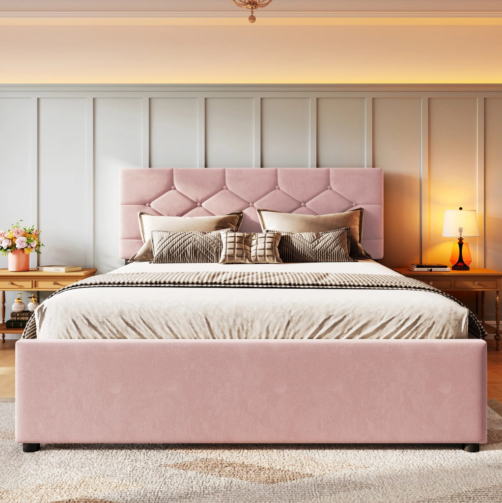 Letto imbottito 140x200 cm con letto estraibile e testiera con bottoni in velluto rosa