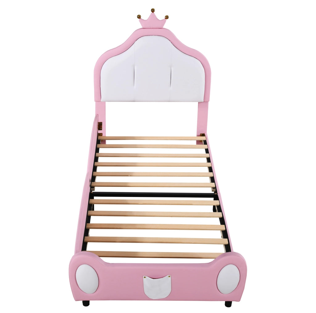 Letto imbottito 90x200 cm in similpelle bianco e rosa; testiera a corona