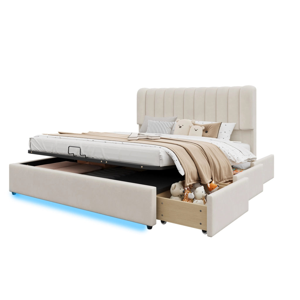 Letto 140x200 cm con contenitore idraulico; 3 cassetti e LED in velluto beige