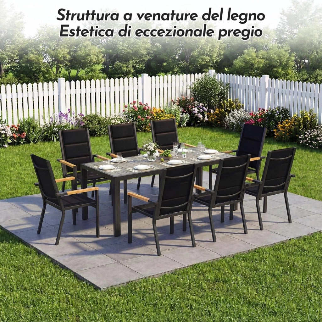 Set di Arredo da Giardino 8 Persone, Set di Tavolo 189 cm Design a Vena di Legno e 8 Sedie Impilabili da Esterno in Alluminio, Ideale per Cortile, Terrazza o Ai Margini della Piscina, Grigio