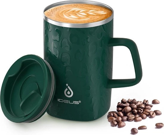 Tazza per caffè e tè in acciaio inox doppio vetro con isolamento a vuoto, manico antiscivolo e coperchio a scomparsa con grande capacità, 470 ml (16 oz)