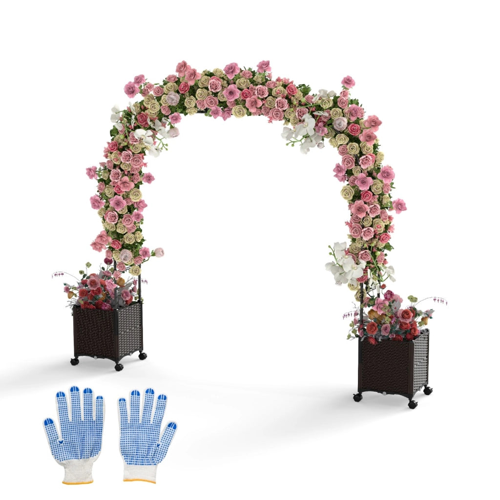 Arco da giardino 288 cm con 2 fioriere, Arco decorativo per piante rampicanti con sistema di autoirrigazione Nero + Marrone