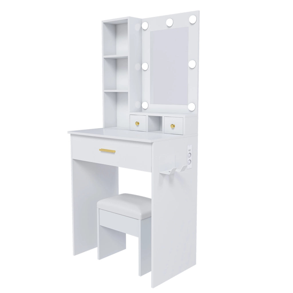 Tavolo da trucco con specchio LED a 3 modalità; presa e supporto asciugacapelli in MDF bianco
