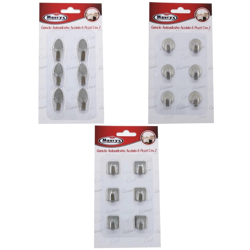 MAURY'S SET 6 GANCI AUTOADESIVI PICCOLI DA 2 CM SILVER IN FORMA ASSORTITA