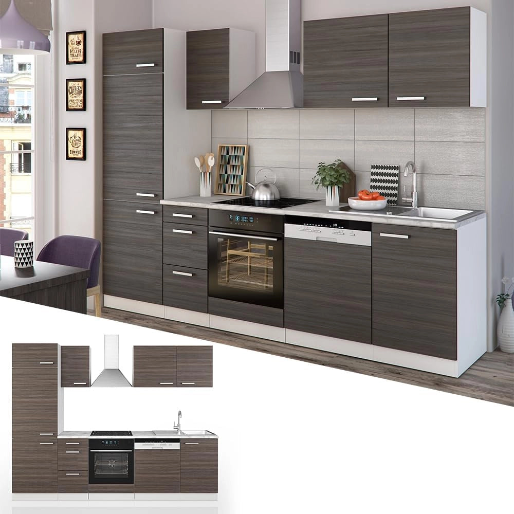 Cucina componibile Optima, Grigio prezioso/bianco, 270 cm senza piano di lavoro con striscia LED, adatto per disposizione e ampliamento personalizzati