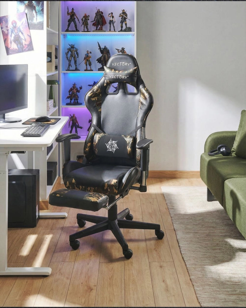 Sedia Gaming Nera Camo Ecopelle Girevole Regolabile Braccioli e Poggiapiedi Regolabile in Altezza Moderna