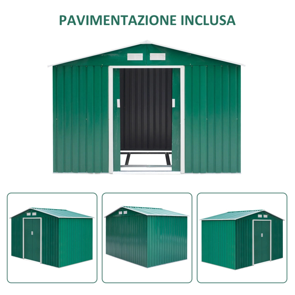 Easycomfort Casetta da Giardino 4.9 m² con Fondazione, 4 Prese d'Aria e 2 Porte Scorrevoli, Capanno Porta Attrezzi in Lamiera d'Acciaio, 277x195x192 cm, Verde Scuro