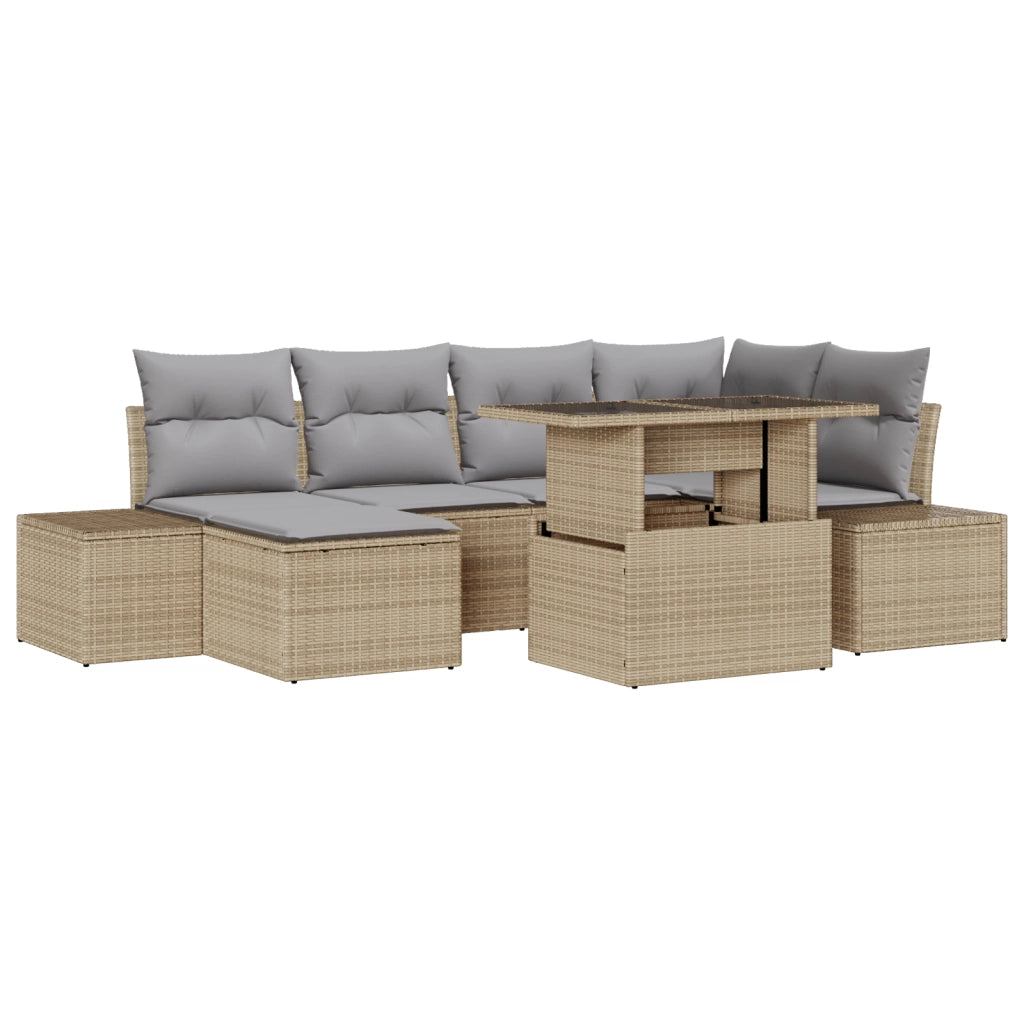 Set Divano da Giardino 7 Pezzi con Cuscini Beige in Polyrattan