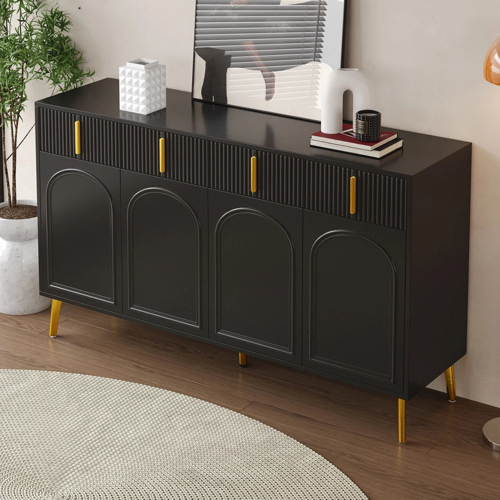 OKWISH Credenza con 4 Ante e 4 Cassetti, Ripiani Regolabili, per Soggiorno e Sala da Pranzo, MDF, Nero, 140 x 38 x 82 cm