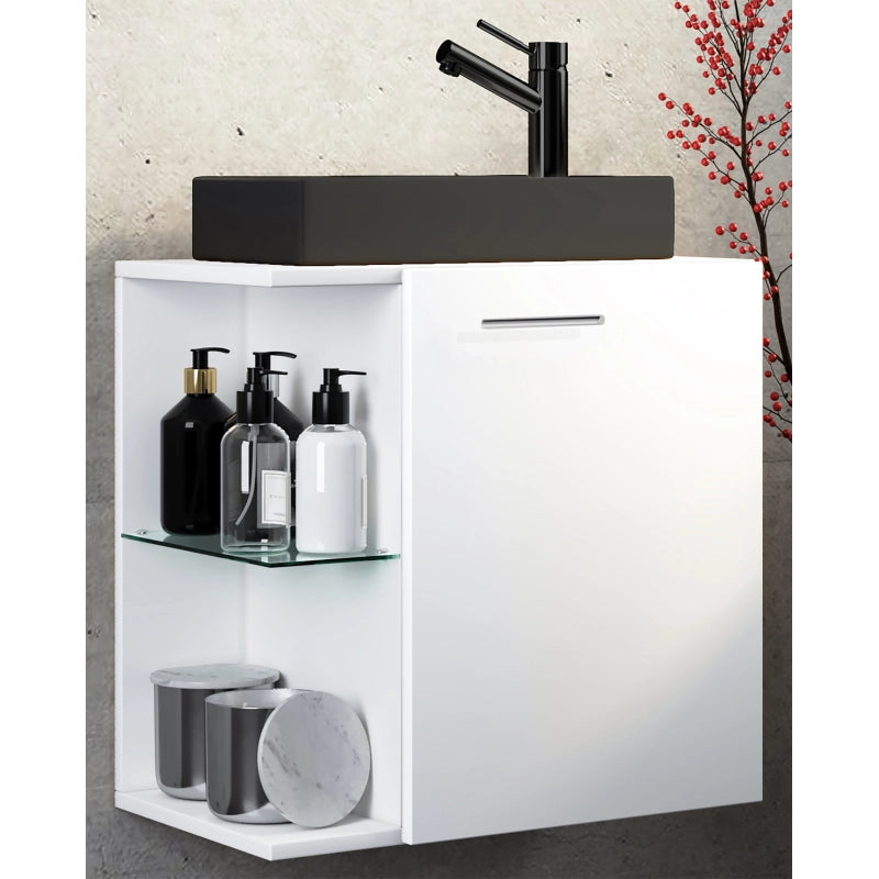Oasi di Ezooza Mobile Sospeso con lavabo in ceramica di alta qualità, Bianco , lavabo Nero