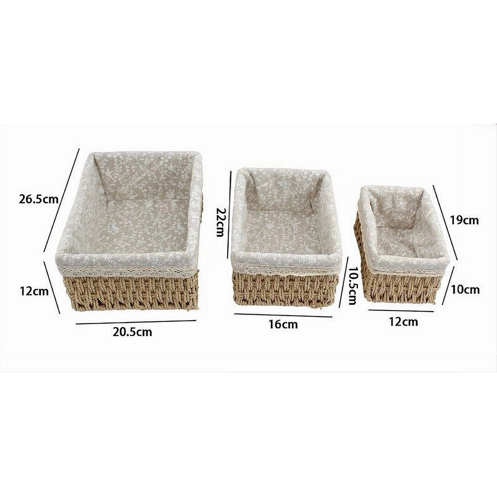 Trade Shop - Set 3 Pz Porta Oggetti Organizer Cestino Intrecciato Con Fodera In Tessuto 79158 -