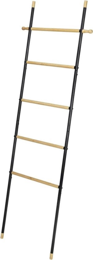 Scalino per asciugamani con gancio - Stile industriale - Bambù FSC certificato - Tubo in acciaio - 2 ganci - 435 x 162 x 2 cm - Nero/naturale scalino per asciugamani