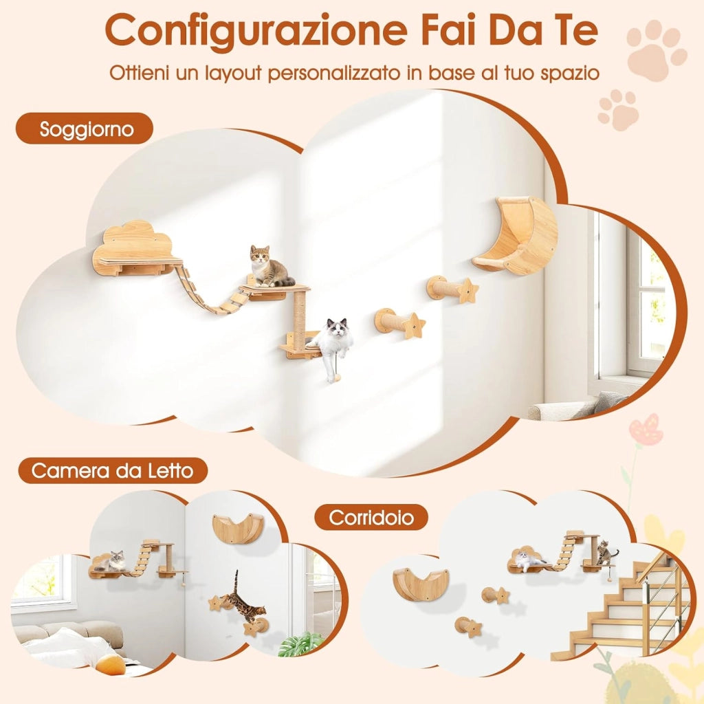 Mobili da Parete per Gatti da 6 Pezzi, Mensole per Gatti a Muro con Amaca, Ponte, Albero a 2 Livelli, Piattaforme, Gradini, Tiragraffi e Gioco Pensile, Arrampicatore da Interno (Modello 3)