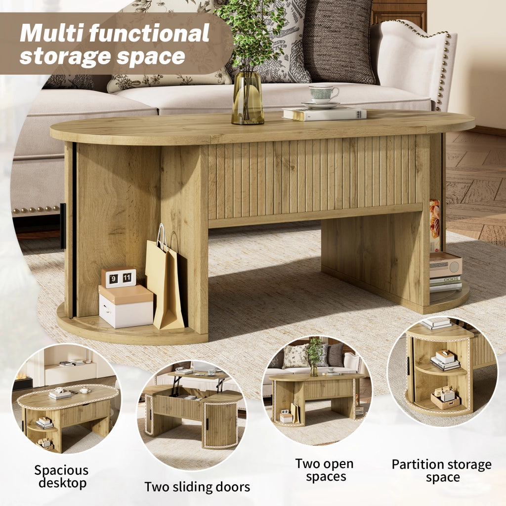 Tavolino basso sollevabile con piano regolabile e ripiani aperti in MDF effetto rovere, ovale, 100 × 50 × 40,5 cm