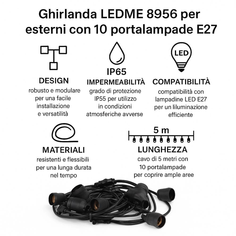 Ghirlanda ledme 8956 10 portalampade e27 5m ip65 per esterno