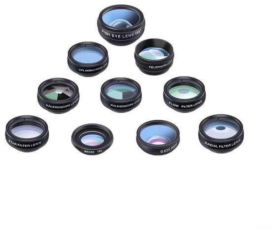 Kit Ottico 10-in-1 - Teleobiettivo / obiettivo a grande angolo - obiettivo macro / obiettivo a effetto pesce - filtro polarizzatore / filtro ottico - obiettivo a effetto specchio 3/6 - Fotografia professionale - lenti per smartphone