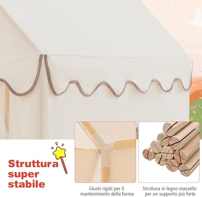 Tenda da Gioco per Bambini, Casetta per Bambini con Struttura in Solido Legno, Tappetino di Cotone, Tenda a Rete e Finestre, 105x120x140 cm (Beige)