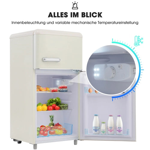 Frigorifero retrò; frigorifero a doppia porta; volume totale 72L; congelatore 21L; luce LED; efficiente energetico; bianco